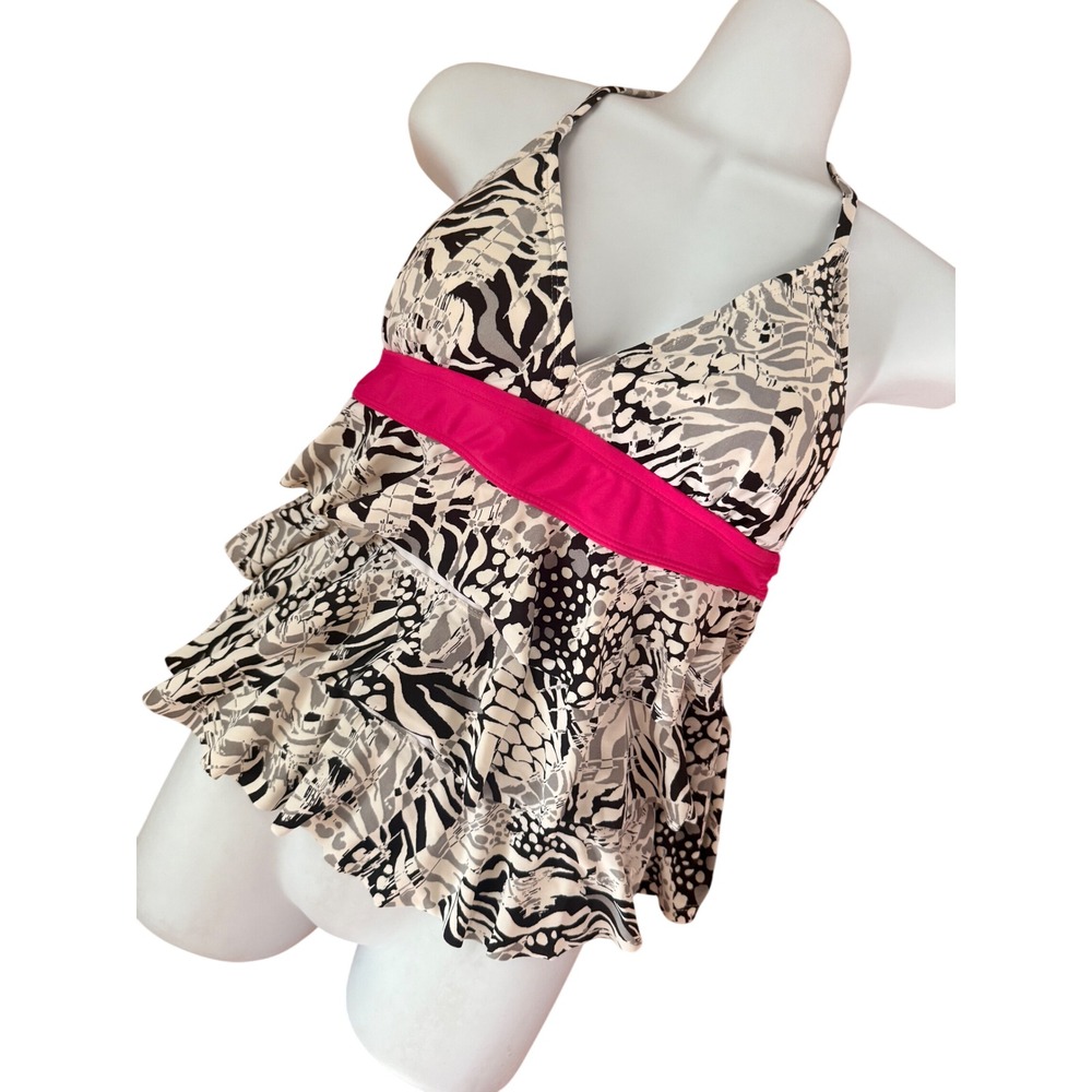 Y2K 2000s Catalina Animal Print Tiered Ruffle Tankini Swim Top Pink Black White